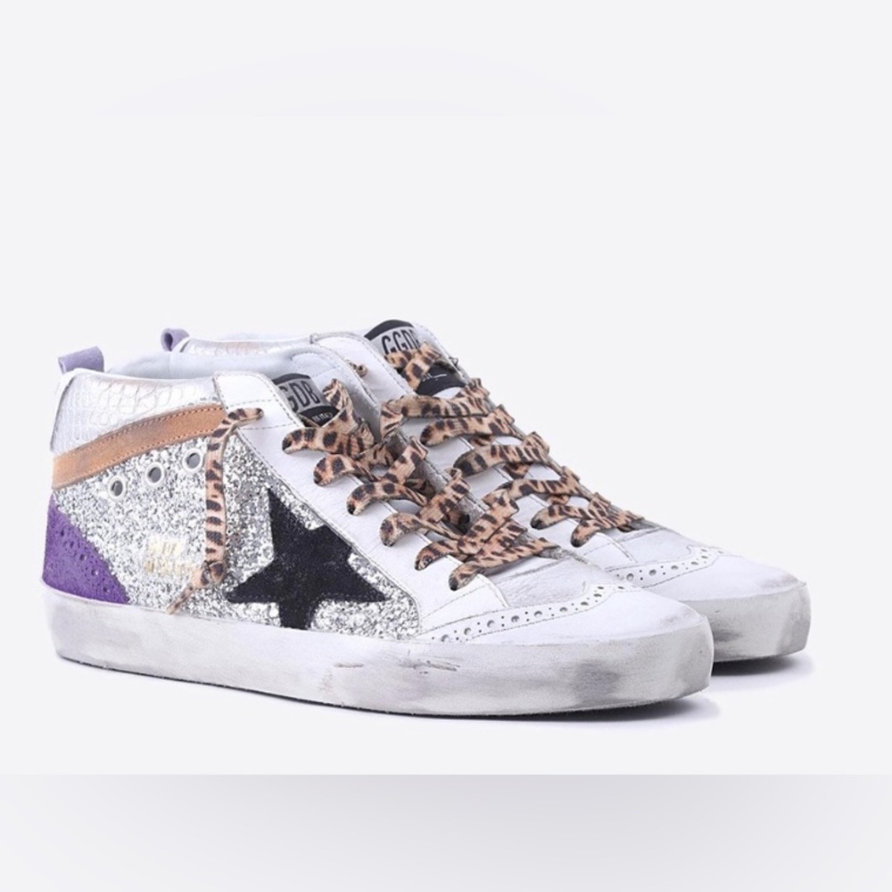 AUTHENTIC SILVER SEQUIN CHEETAH LACE MID STAR GOLDEN GOOSE